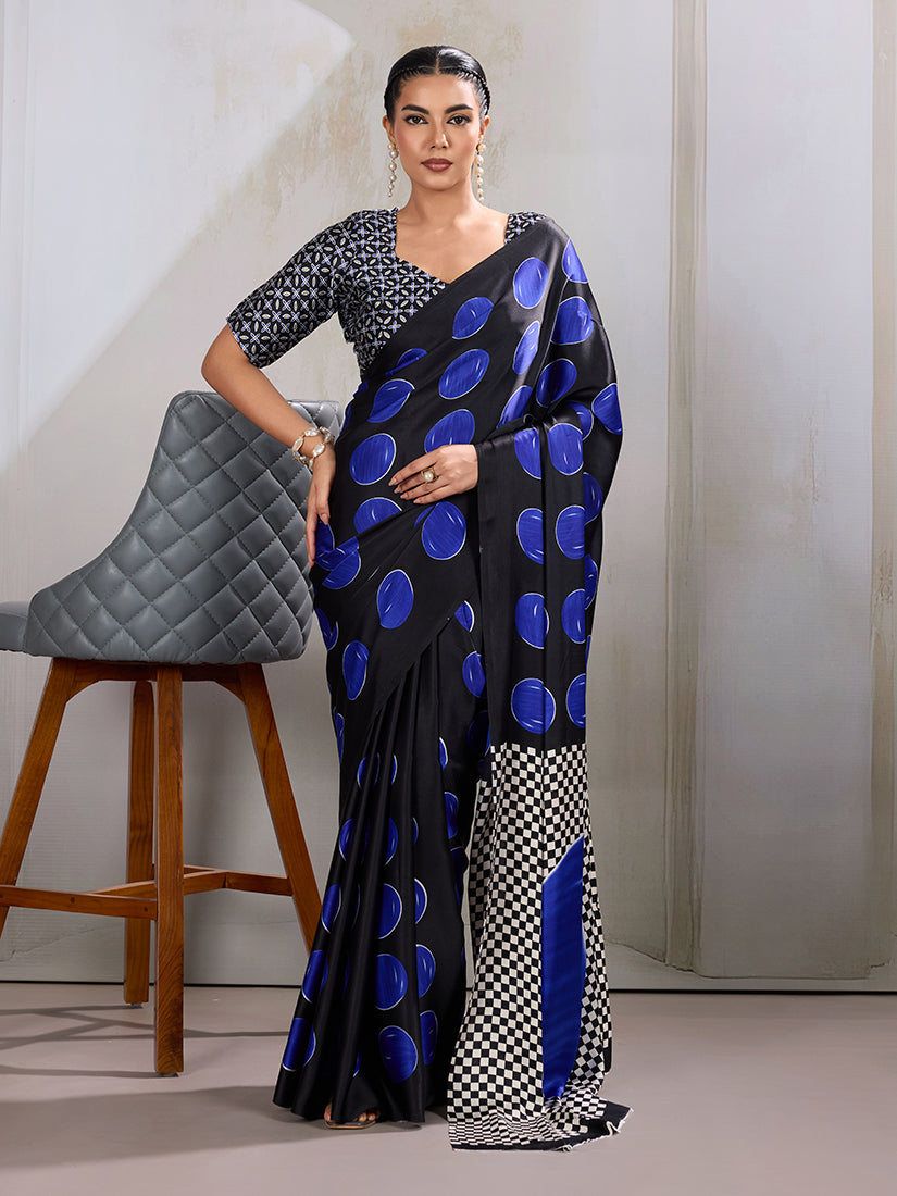 Monjolika Fashion Black & Blue Satin Printed Saree - Distacart