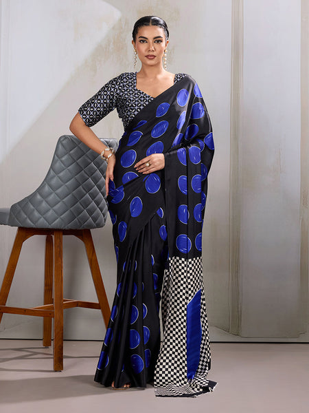Monjolika Fashion Black & Blue Satin Printed Saree