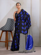 Monjolika Fashion Black & Blue Satin Printed Saree - Distacart