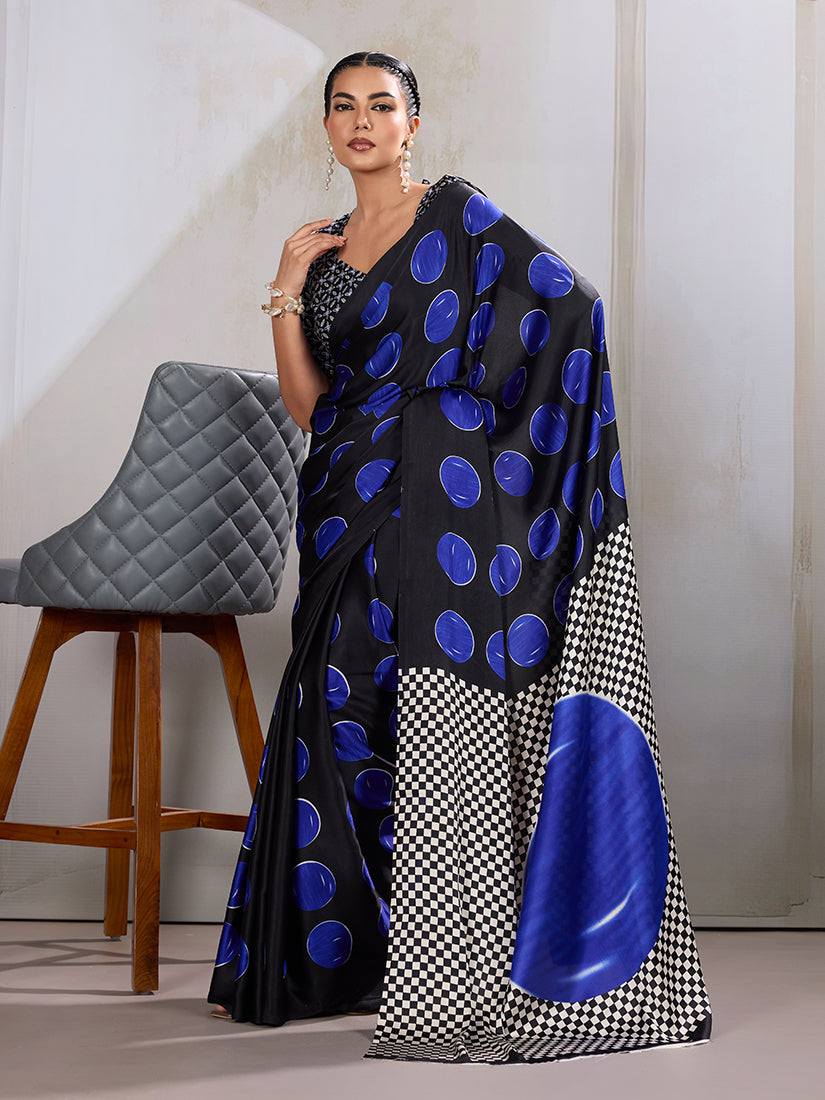 Monjolika Fashion Black & Blue Satin Printed Saree - Distacart