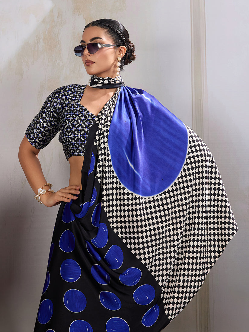 Monjolika Fashion Black & Blue Satin Printed Saree - Distacart