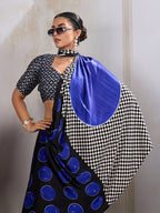 Monjolika Fashion Black & Blue Satin Printed Saree - Distacart