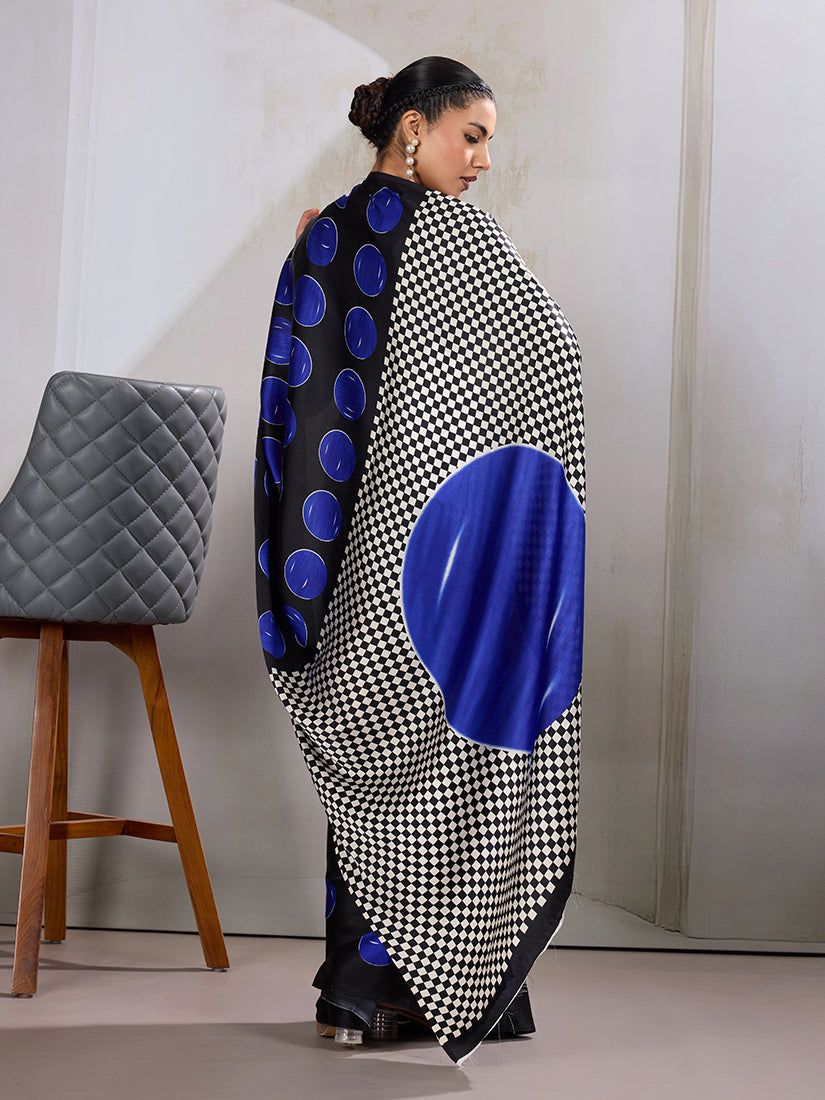 Monjolika Fashion Black & Blue Satin Printed Saree - Distacart