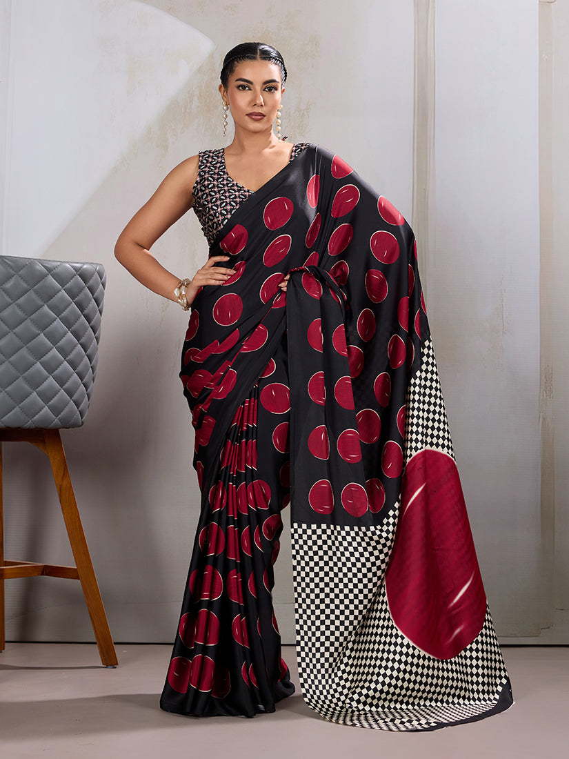 Monjolika Fashion Black & Red Satin Printed Saree - Distacart