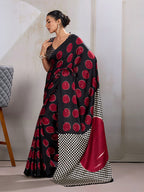 Monjolika Fashion Black & Red Satin Printed Saree - Distacart