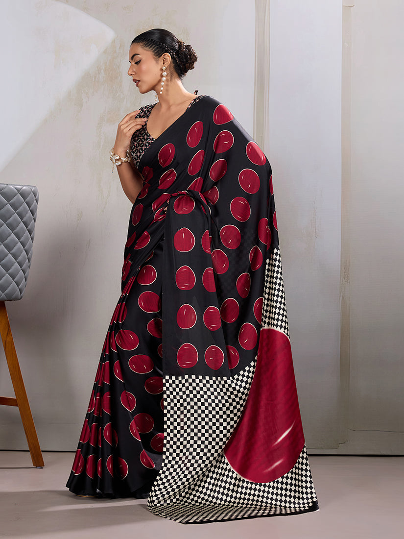 Monjolika Fashion Black & Red Satin Printed Saree - Distacart