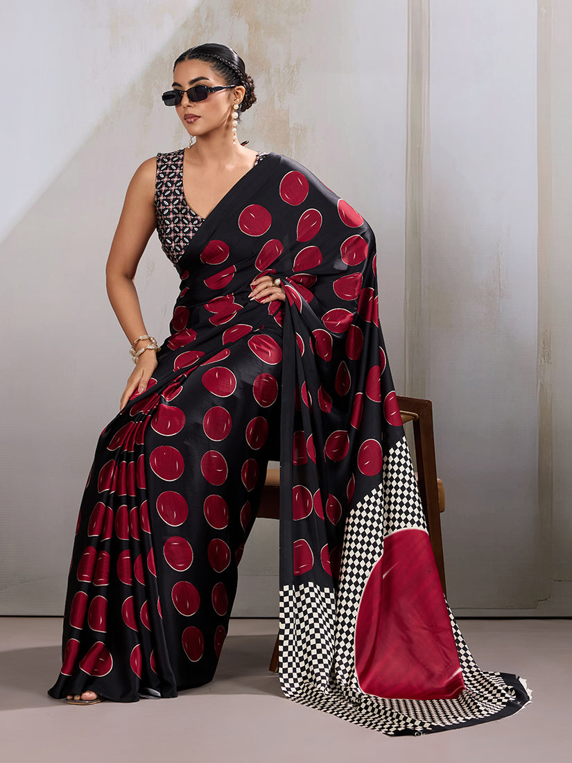 Monjolika Fashion Black & Red Satin Printed Saree - Distacart