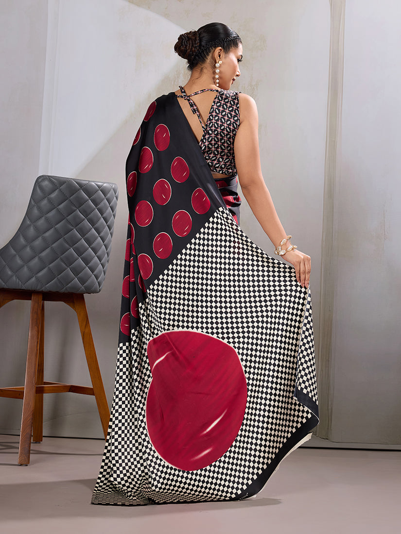 Monjolika Fashion Black & Red Satin Printed Saree - Distacart