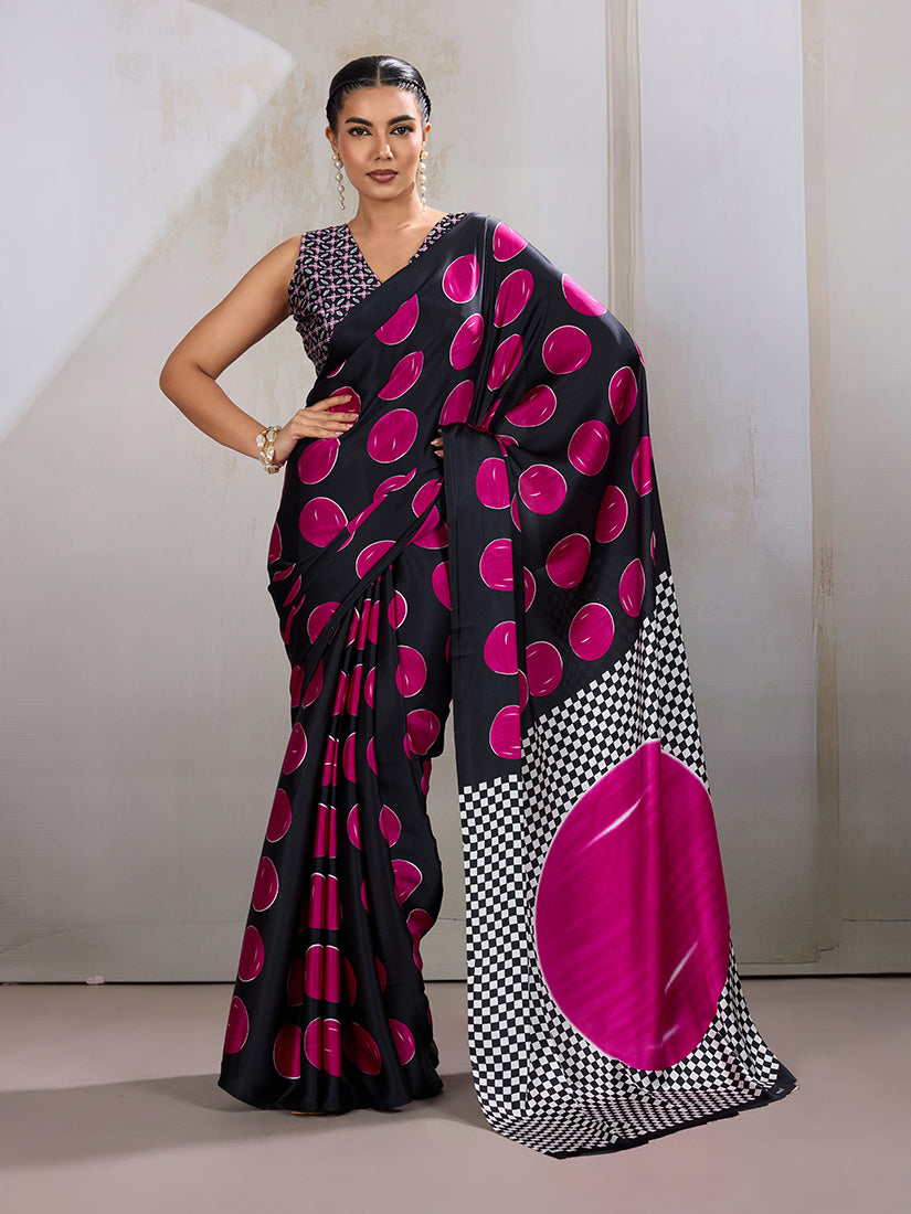 Monjolika Fashion Black & Hot Pink Satin Printed Saree - Distacart