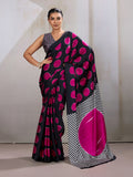 Monjolika Fashion Black & Hot Pink Satin Printed Saree - Distacart