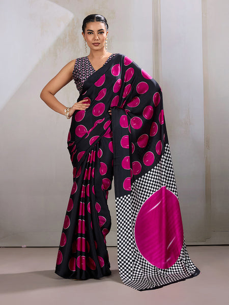 Monjolika Fashion Black & Hot Pink Satin Printed Saree