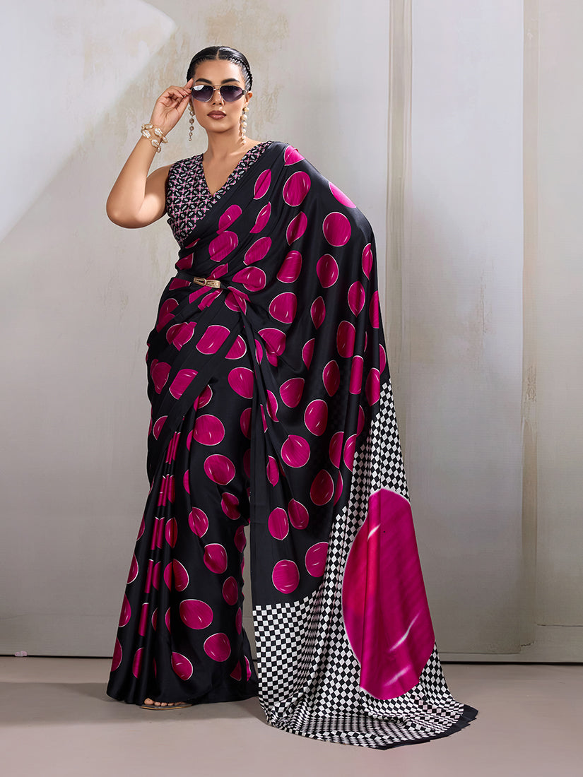 Monjolika Fashion Black & Hot Pink Satin Printed Saree - Distacart