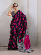 Monjolika Fashion Black & Hot Pink Satin Printed Saree - Distacart