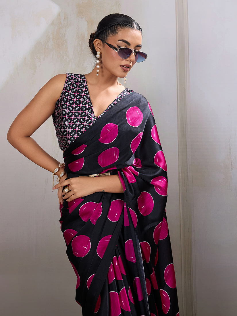 Monjolika Fashion Black & Hot Pink Satin Printed Saree - Distacart