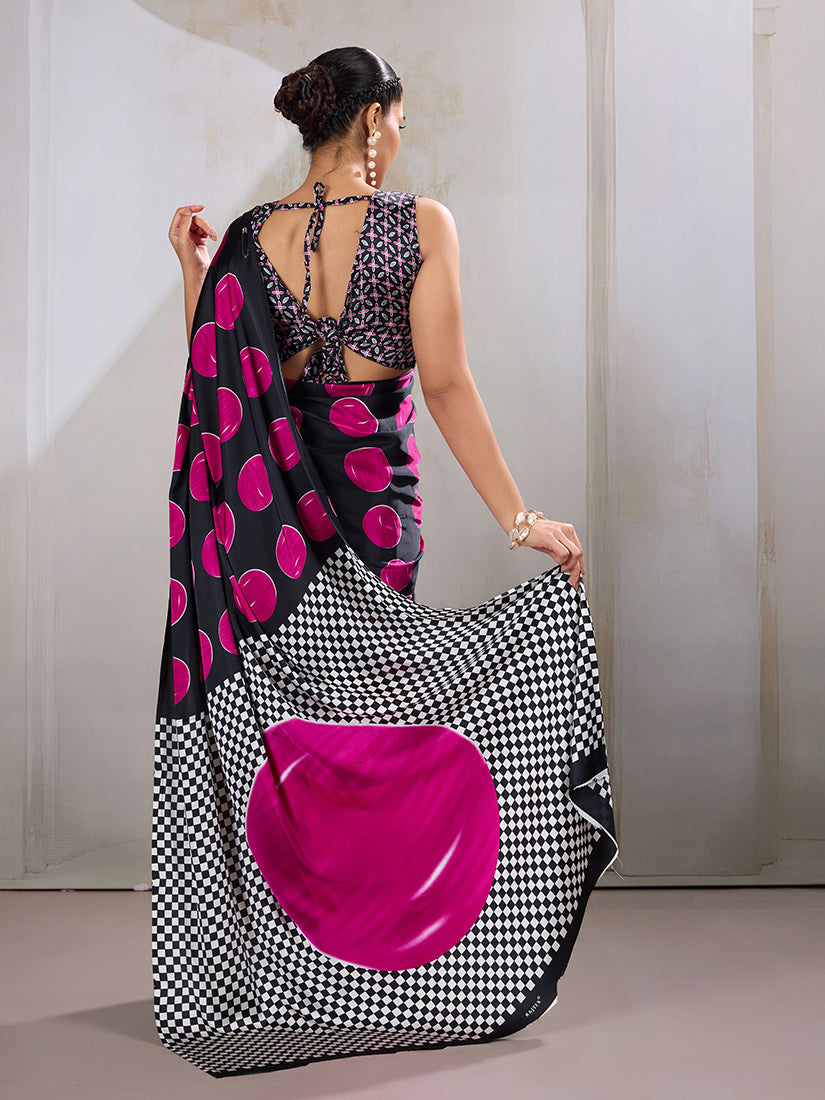 Monjolika Fashion Black & Hot Pink Satin Printed Saree - Distacart
