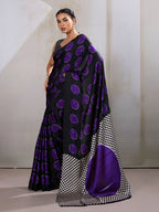 Monjolika Fashion Black & Violet Satin Printed Saree - Distacart
