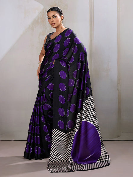 Monjolika Fashion Black & Violet Satin Printed Saree
