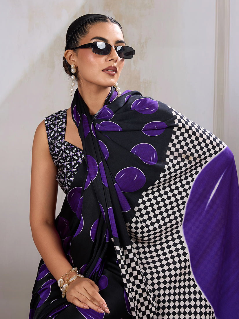 Monjolika Fashion Black & Violet Satin Printed Saree - Distacart