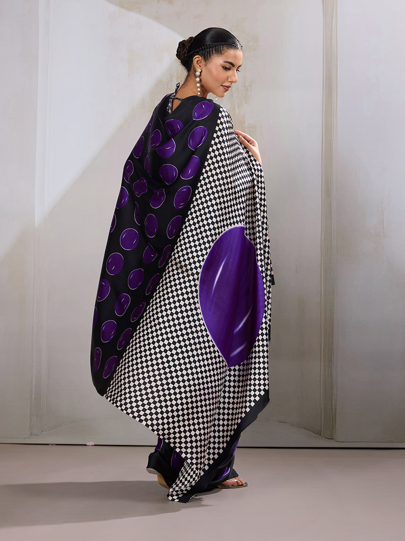 Monjolika Fashion Black & Violet Satin Printed Saree - Distacart
