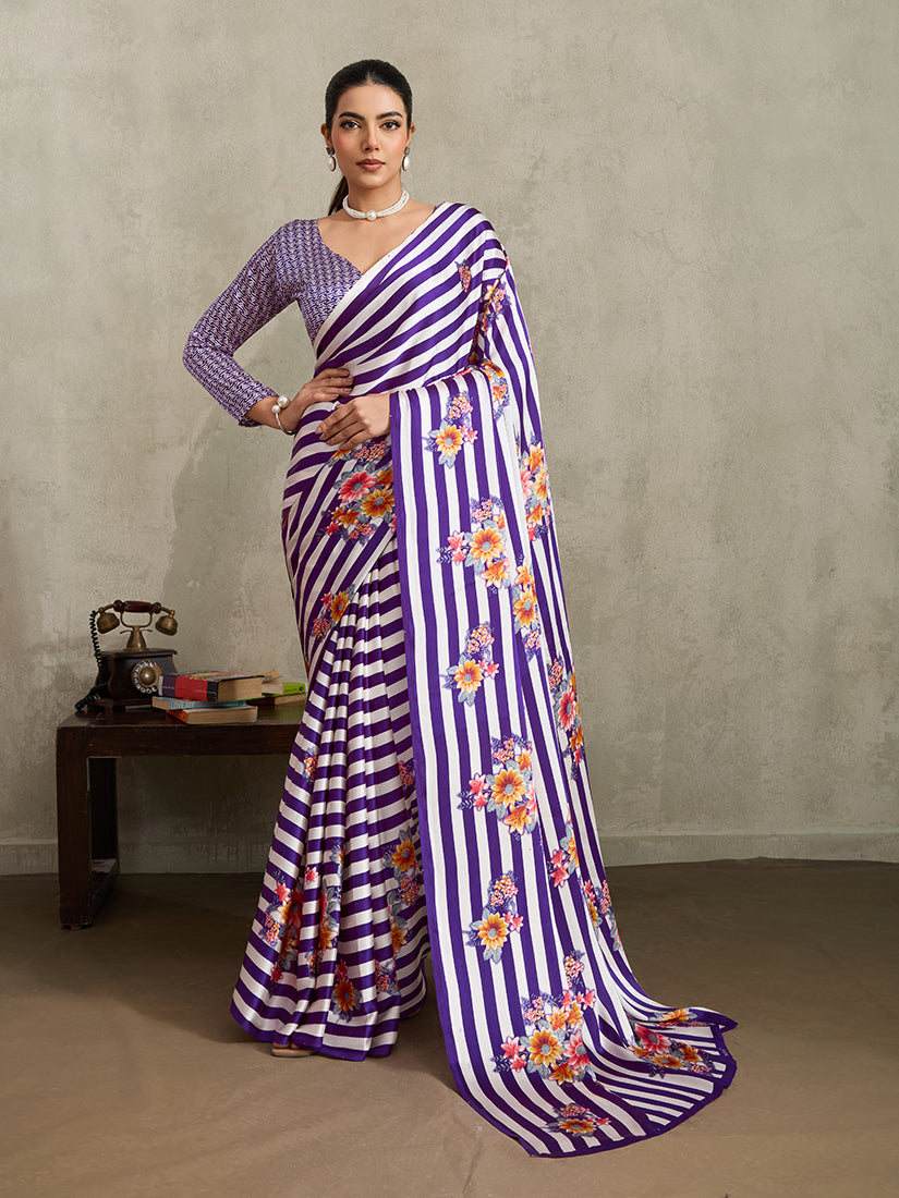 Monjolika Fashion Purple Printed Satin Saree - Distacart