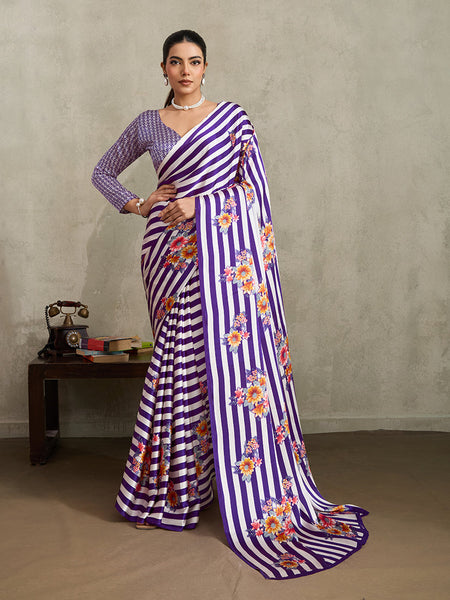 Monjolika Fashion Purple Printed Satin Saree