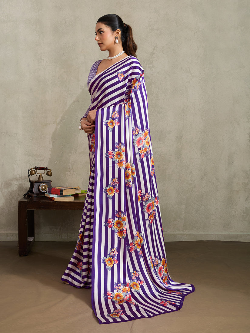 Monjolika Fashion Purple Printed Satin Saree - Distacart