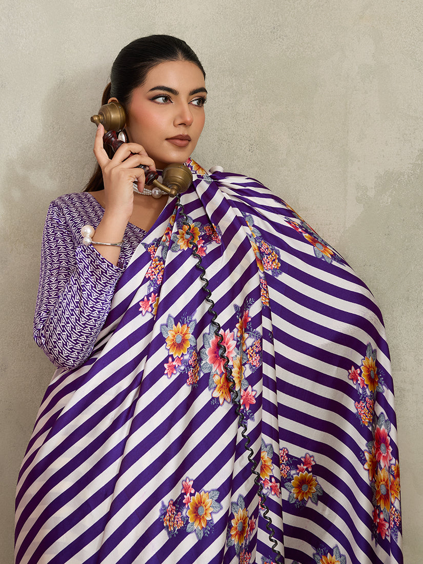 Monjolika Fashion Purple Printed Satin Saree - Distacart