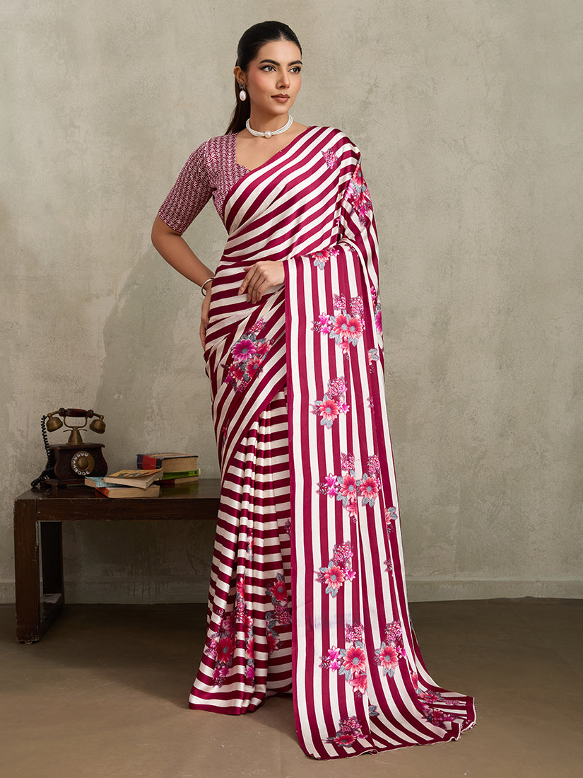 Monjolika Fashion Maroon Printed Satin Saree - Distacart