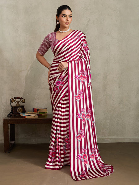 Monjolika Fashion Maroon Printed Satin Saree
