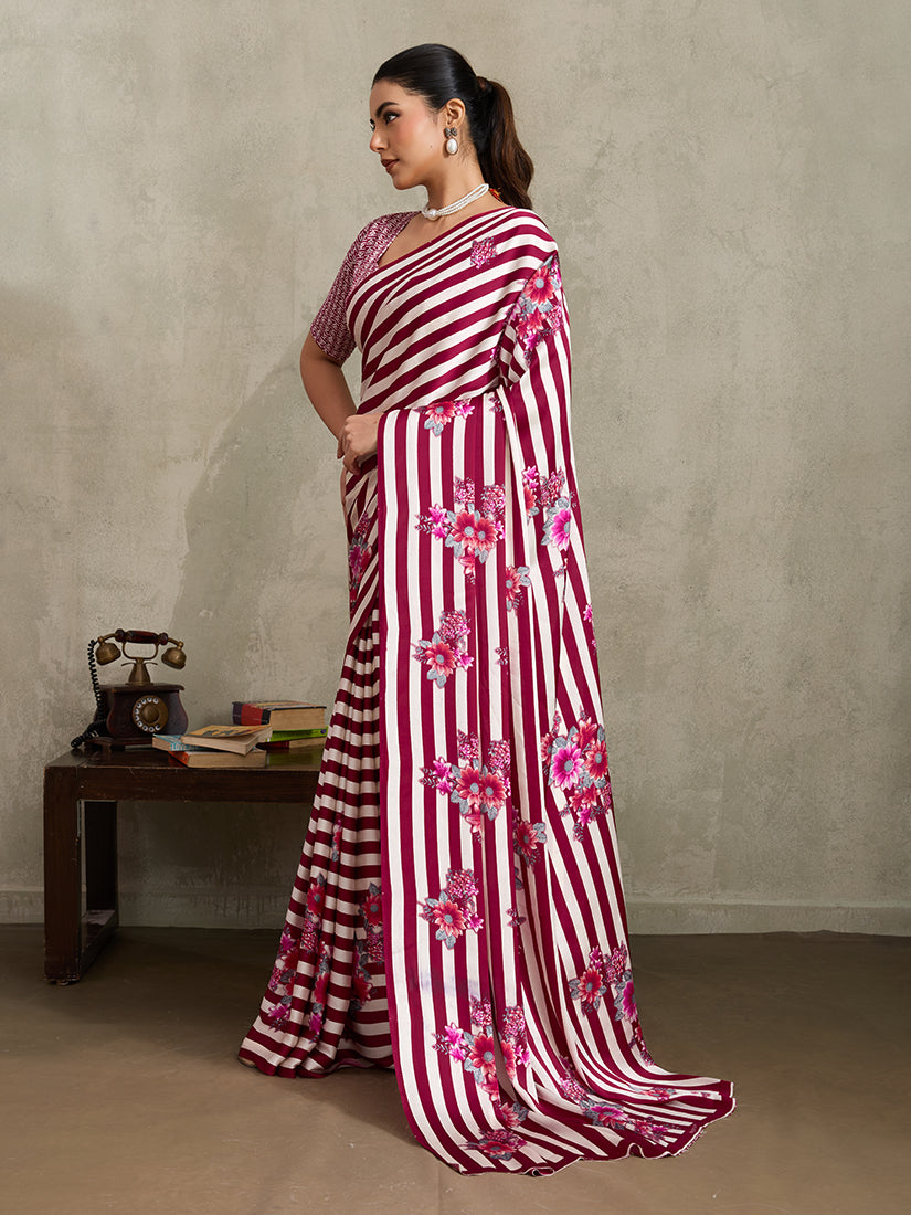 Monjolika Fashion Maroon Printed Satin Saree - Distacart