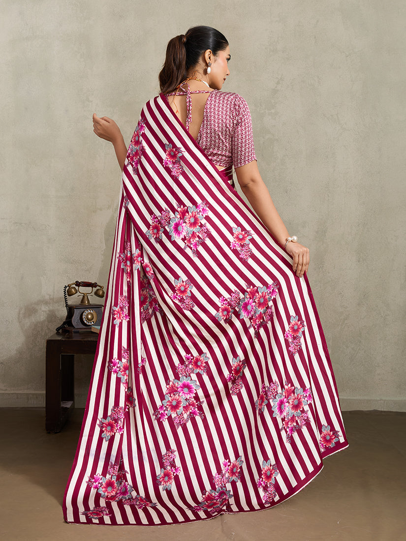 Monjolika Fashion Maroon Printed Satin Saree - Distacart