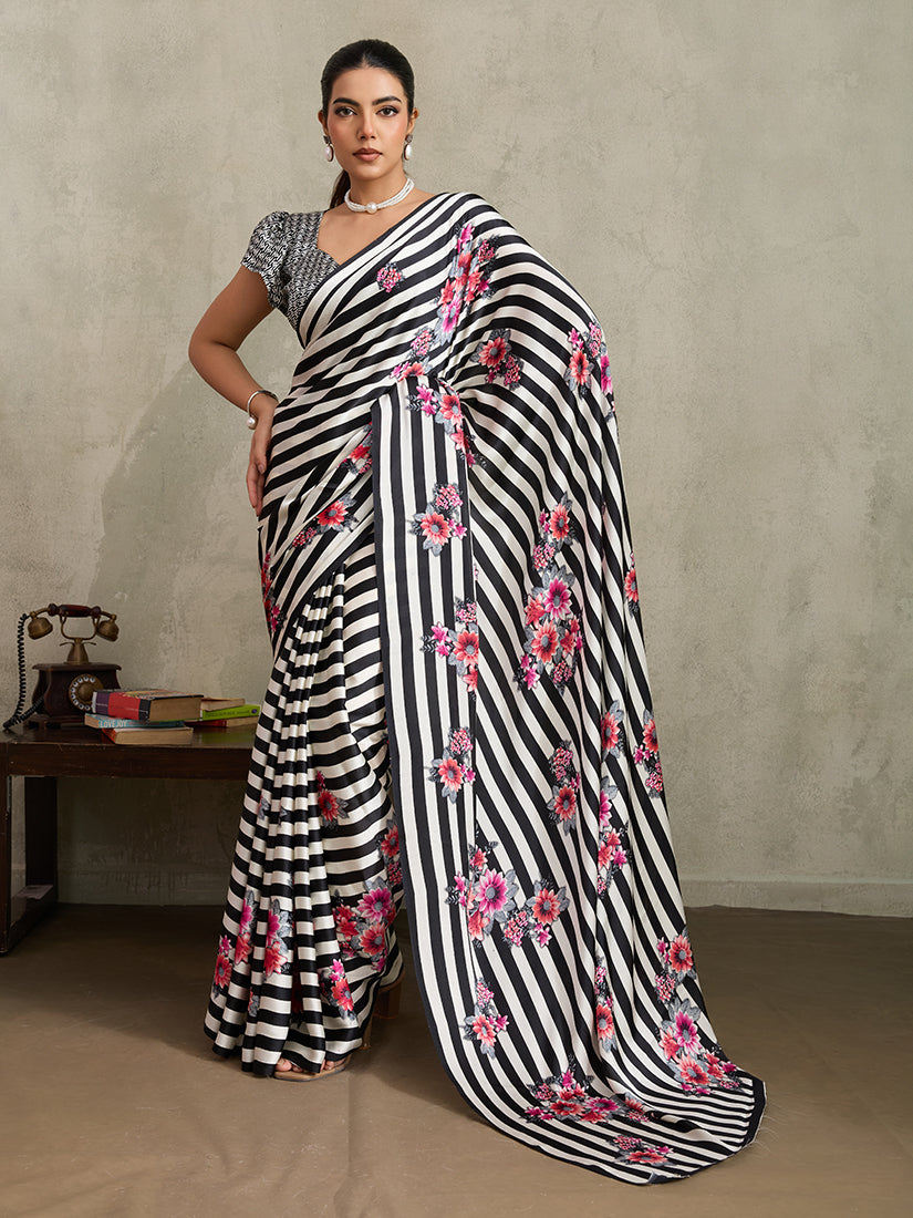Monjolika Fashion Black Printed Satin Saree - Distacart