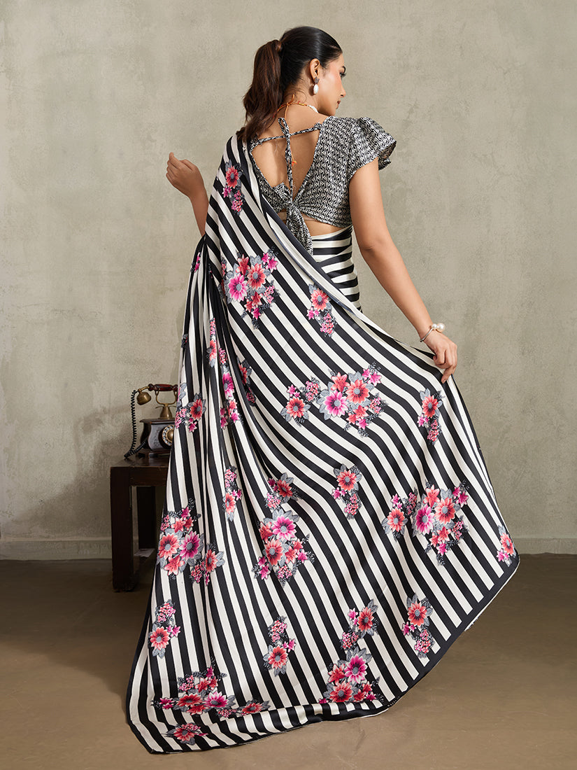 Monjolika Fashion Black Printed Satin Saree - Distacart