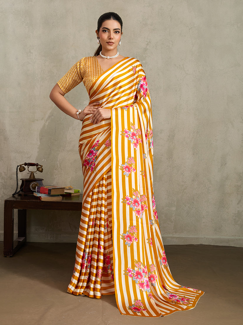 Monjolika Fashion Mustard Printed Satin Saree - Distacart