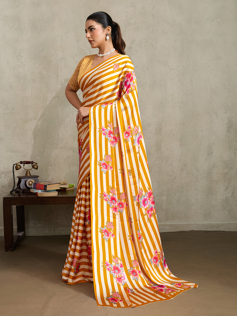 Monjolika Fashion Mustard Printed Satin Saree - Distacart