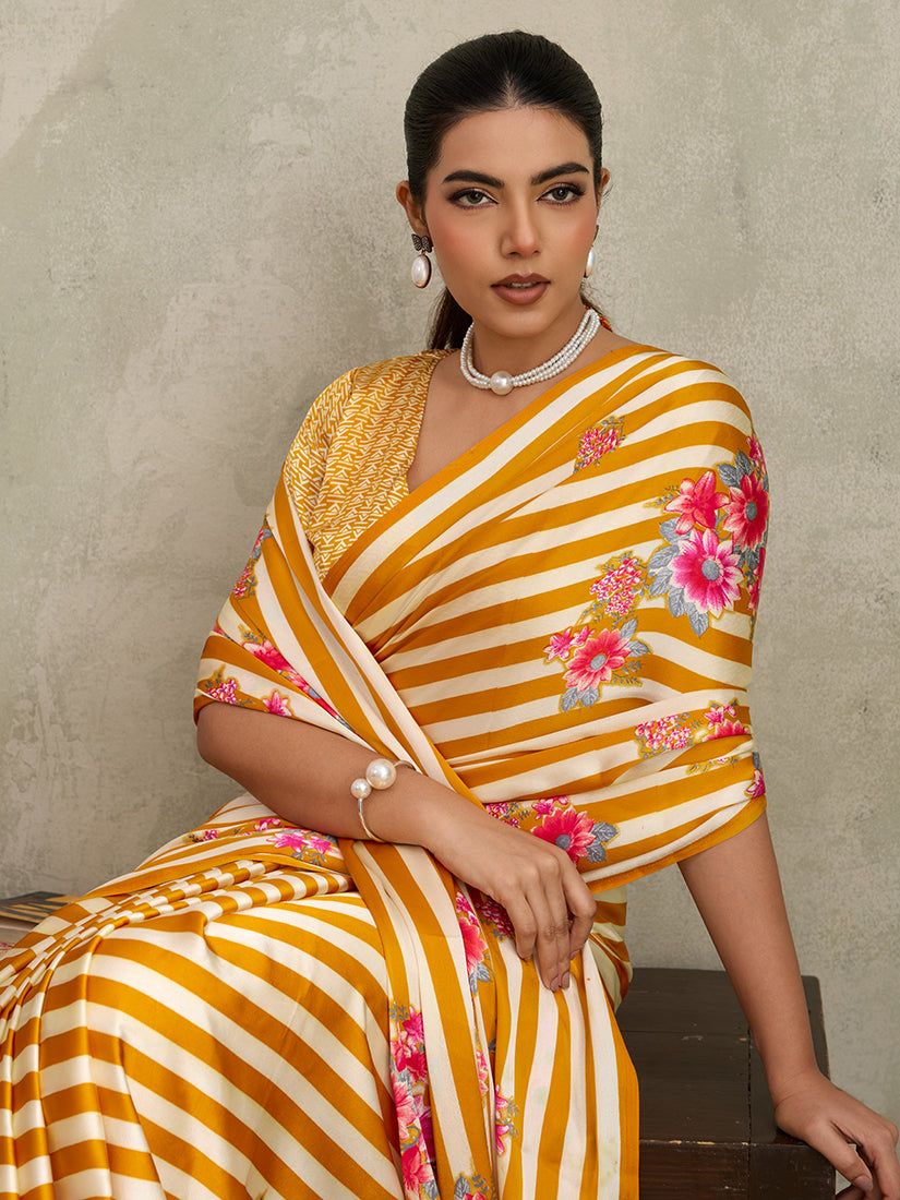 Monjolika Fashion Mustard Printed Satin Saree - Distacart