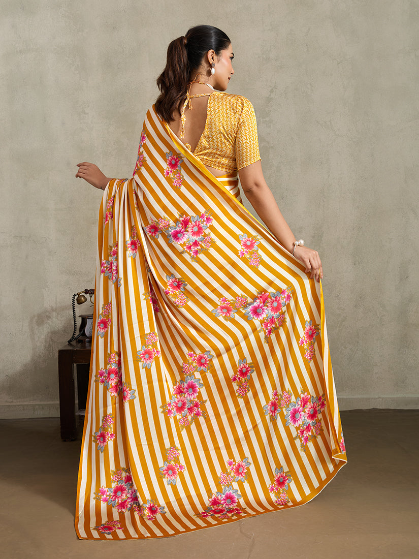 Monjolika Fashion Mustard Printed Satin Saree - Distacart
