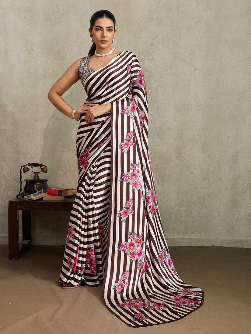 Monjolika Fashion Brown Printed Satin Saree - Distacart