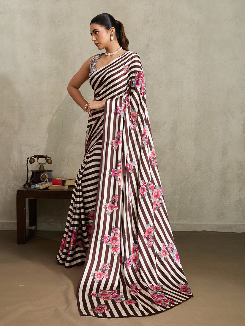 Monjolika Fashion Brown Printed Satin Saree - Distacart