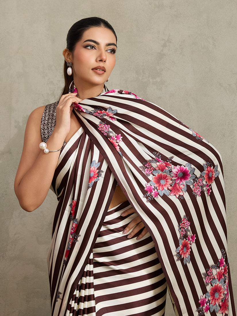 Monjolika Fashion Brown Printed Satin Saree - Distacart