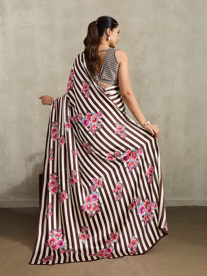 Monjolika Fashion Brown Printed Satin Saree - Distacart