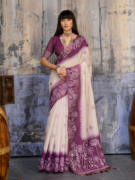 Monjolika Fashion Cotton Blend Cream & Plum Saree