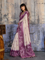 Monjolika Fashion Cotton Blend Cream & Plum Saree - Distacart