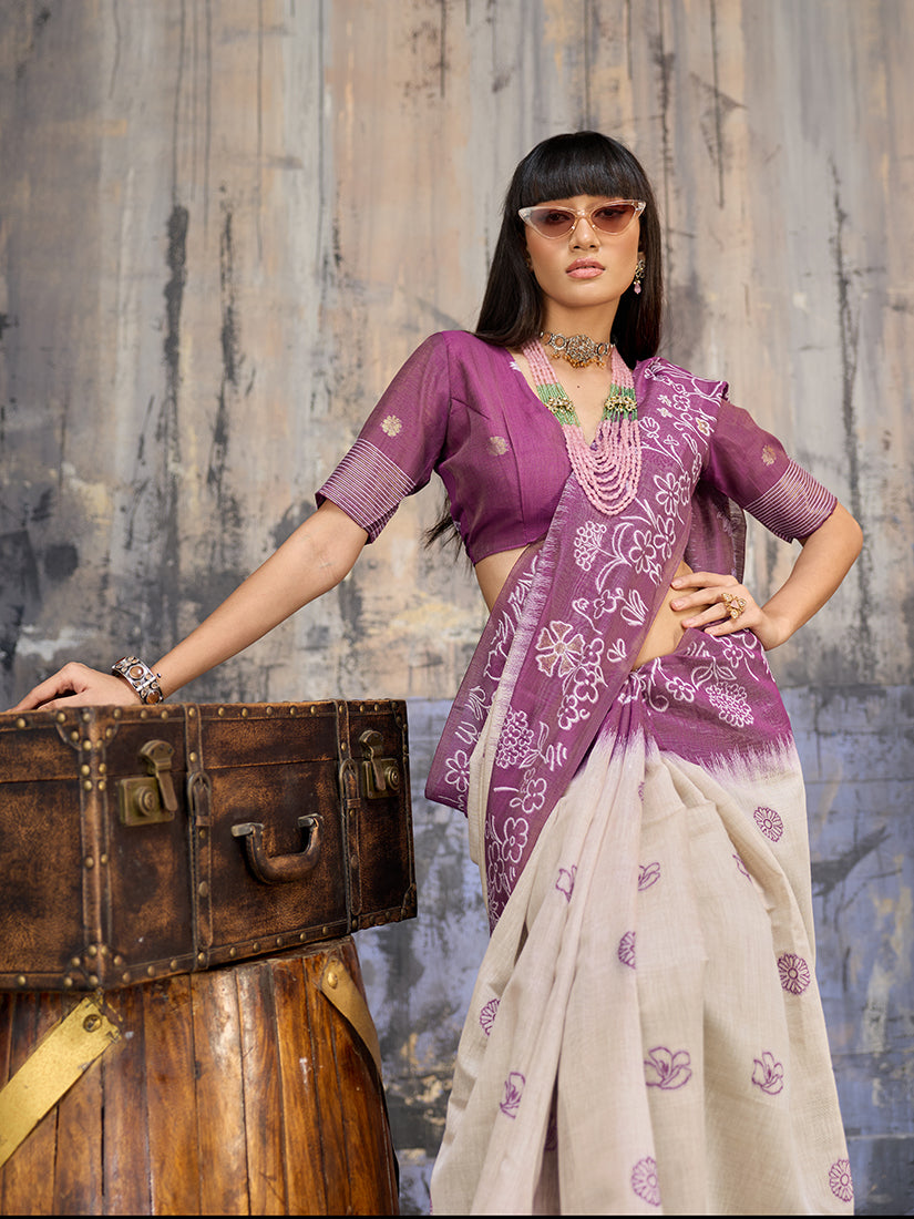 Monjolika Fashion Cotton Blend Cream & Plum Saree - Distacart