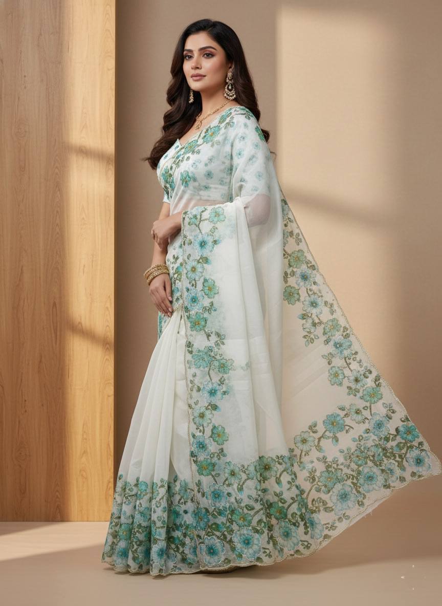 Evanik Soft Crystal Organza With Floral Print With Pearls And Pipe Hand Work Saree With Unstitched Blouse - Distacart