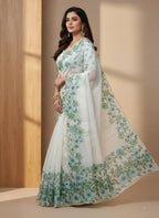 Evanik Soft Crystal Organza With Floral Print With Pearls And Pipe Hand Work Saree With Unstitched Blouse - Distacart