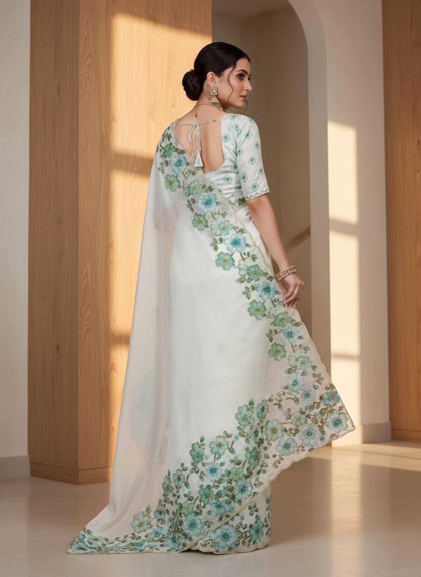 Evanik Soft Crystal Organza With Floral Print With Pearls And Pipe Hand Work Saree With Unstitched Blouse - Distacart