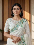Evanik Soft Crystal Organza With Floral Print With Pearls And Pipe Hand Work Saree With Unstitched Blouse - Distacart