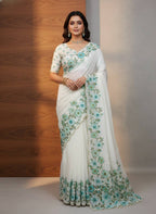 Evanik Soft Crystal Organza With Floral Print With Pearls And Pipe Hand Work Saree With Unstitched Blouse - Distacart