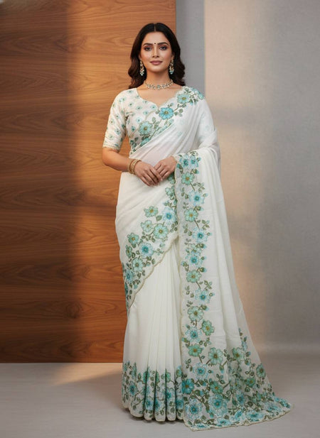 Evanik Soft Crystal Organza With Floral Print With Pearls And Pipe Hand Work Saree With Unstitched Blouse